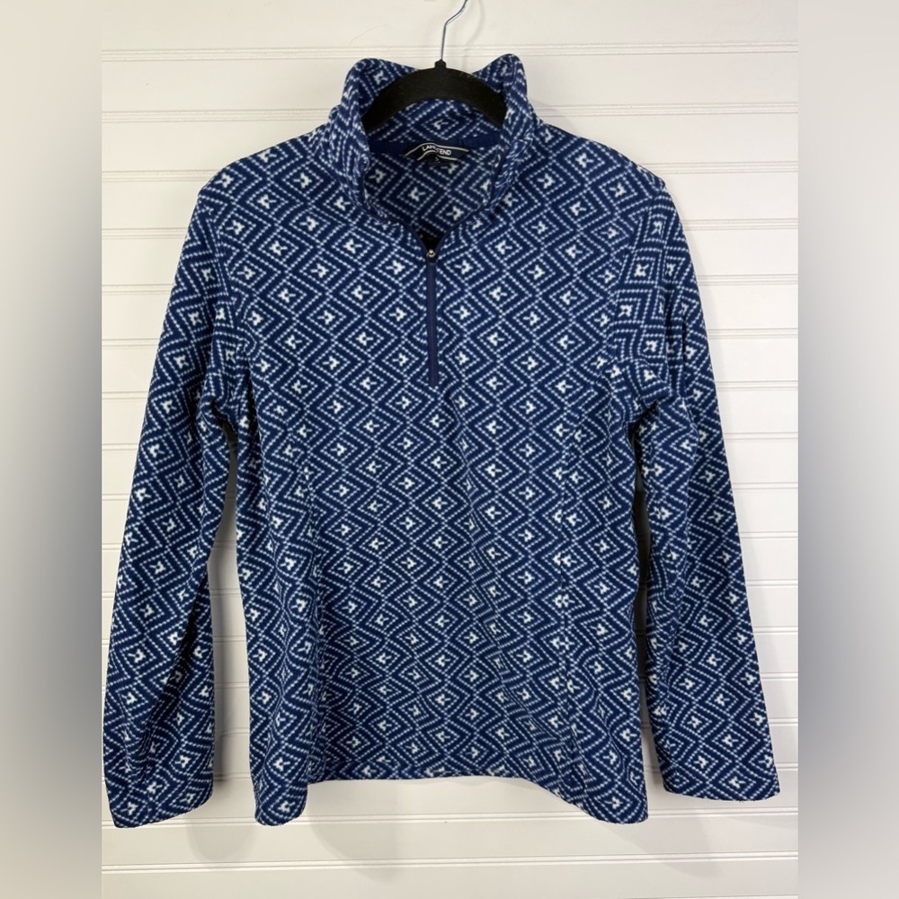 Lands' End women’s blue & white Anyweather quarter zip fleece pullover. Size S